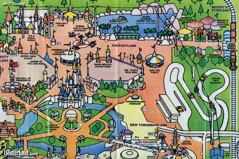 Magic Kingdom, Walt Disney World guidemap of 1994 showing Skyway track